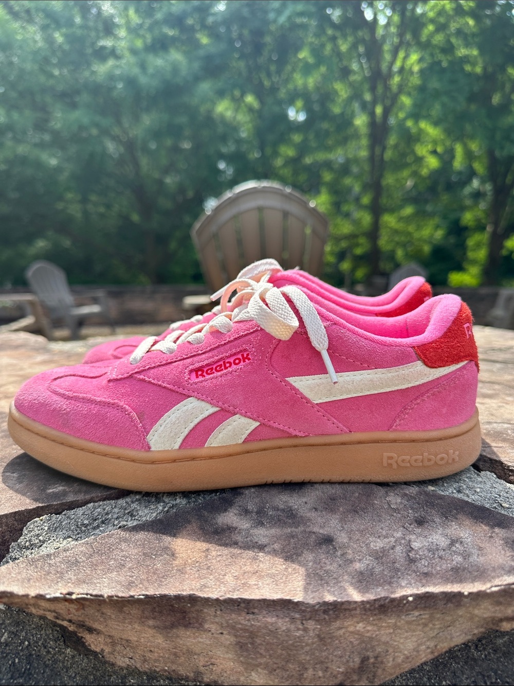 Reebok Hot Pink & Red Suede Low-Top Sneakers with Cream Stripes Size 7.5